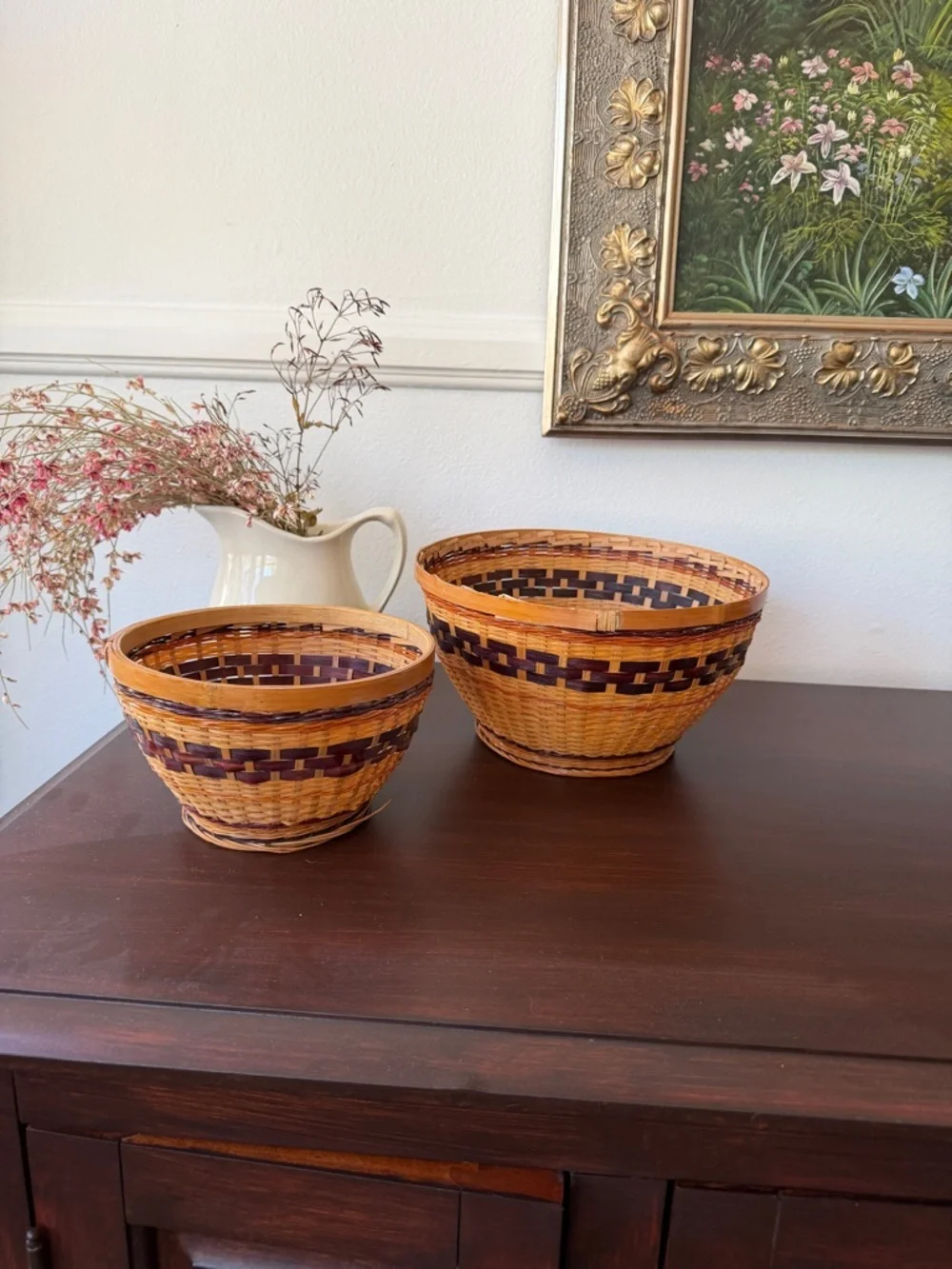 Vintage Handwoven Natural and Dark Brown Wicker Decorative Basket Set